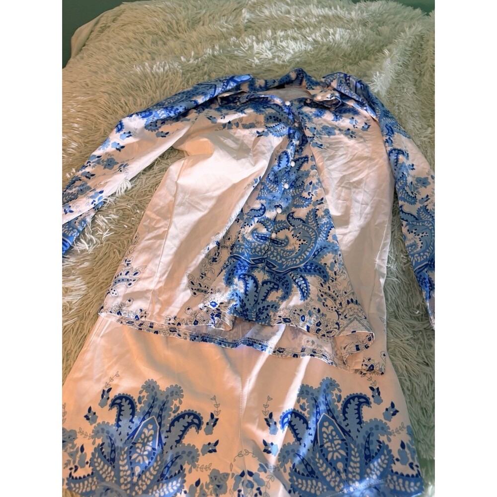 Shein Mesh Blue & White Long Sleeve Mesh Set Sz Xs Blouse Shorts